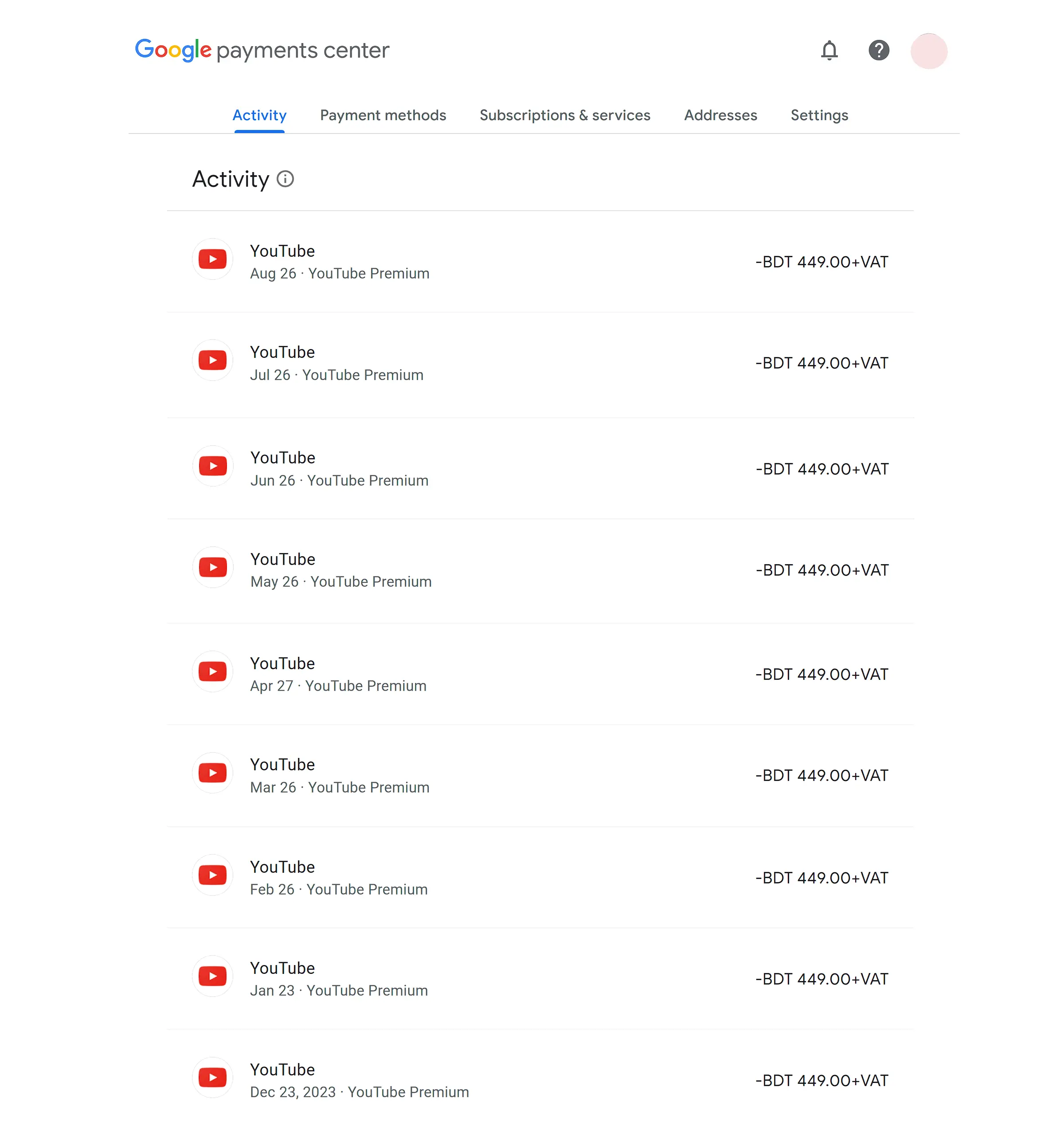 Youtube Premium Billing Account Activity by Bongo-mart